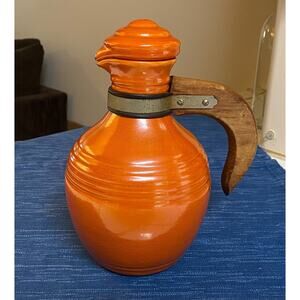 Vintage Cracked Orange Pacific Hostessware Pottery 438 Carafe w/ Lid Wood Handle